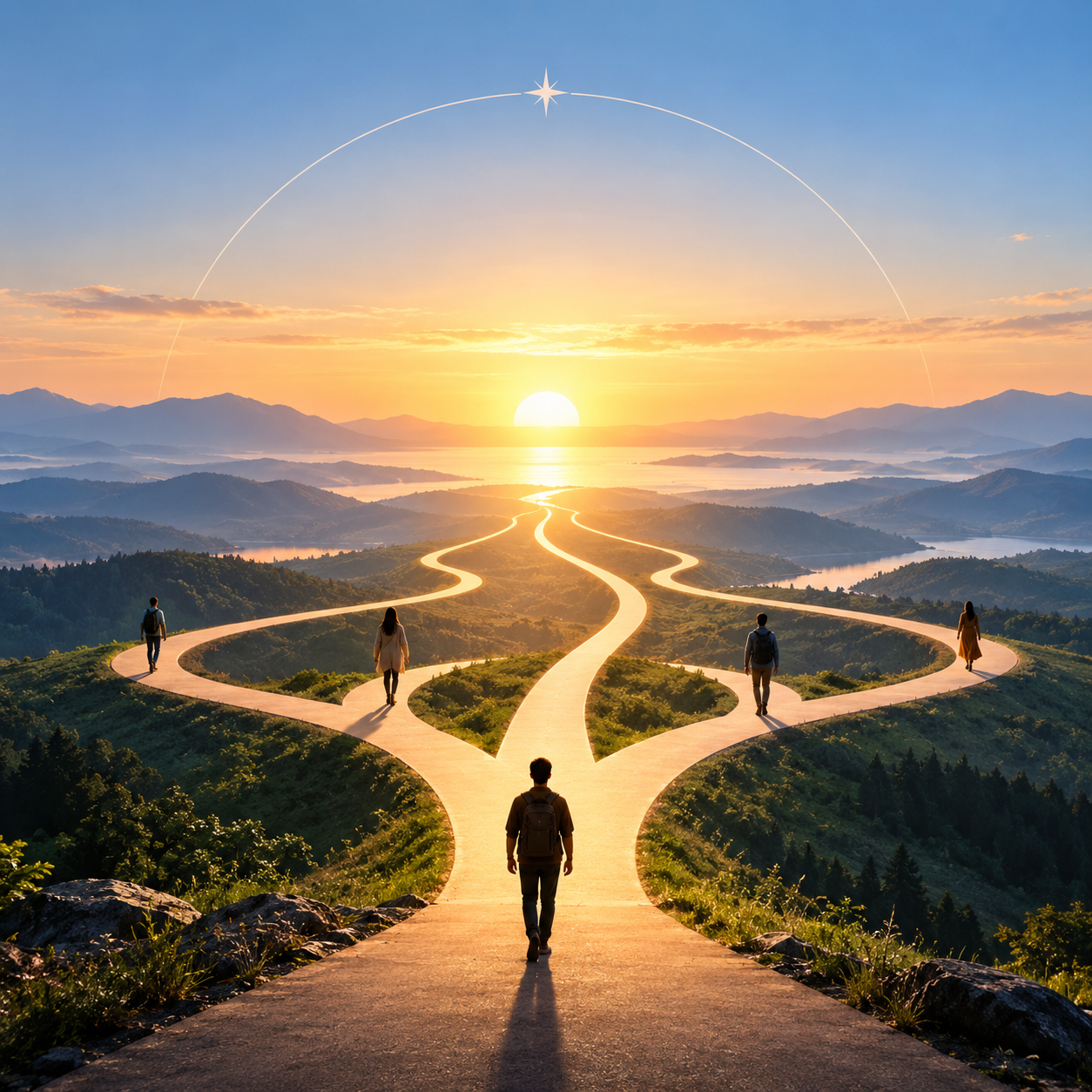 A figure walking toward a fork of paths beneath an open sky at sunrise.
